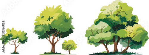 Cartoon Illustration of Diverse Trees: Green Forest, Nature Scene, and Eco-Friendly Design Elements