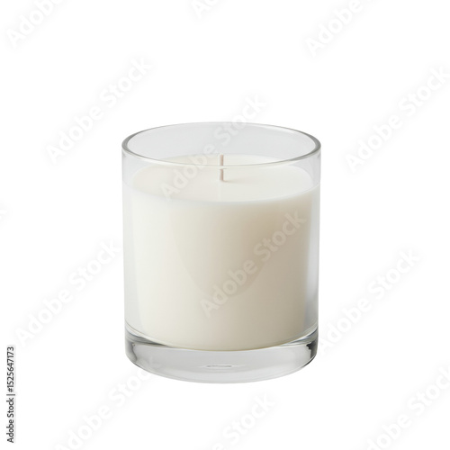 A pristine, unlit scented jar candle in a minimalist clear glass jar with creamy white wax, an unlit cotton wick, and a sleek silver lid, against a seamless white studio background with diffuse