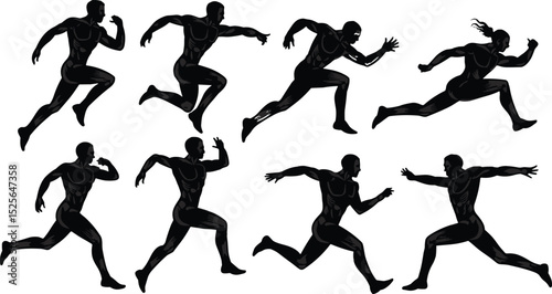 Silhouette Icons of Running and Sprinting Poses: Athlete Motion, Speed, and Energy