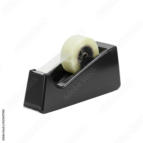 A contemporary desktop tape dispenser with a full roll of transparent clear adhesive tape, sleek and functional, in a 3/4 view on a pristine transparent background with no shadows, professional