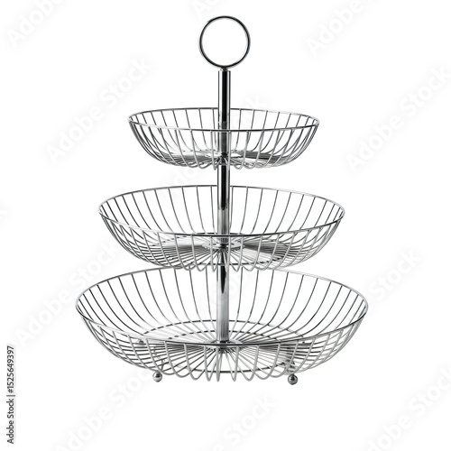 A sleek, modern countertop metal wire tiered fruit basket, crafted from polished chrome wire, empty, against a seamless transparent studio background with bright, even, shadowless lighting,