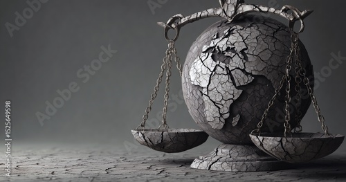 La balance de la justice, un globe terrestre fissuré au centre, sur fond gris, concept évoquant la rupture entre l'ordre mondial et les droits de l'homme, image avec espace pour texte.