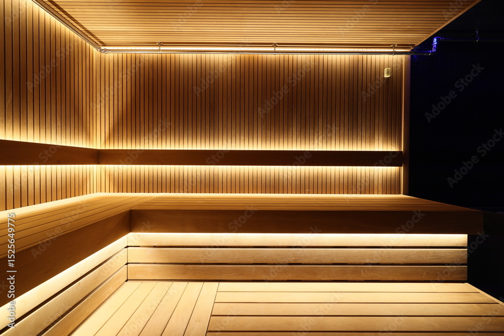 Fototapeta premium Experience a Modern Sauna Interior Featuring Soft Lighting and a Gorgeous Wooden Finish