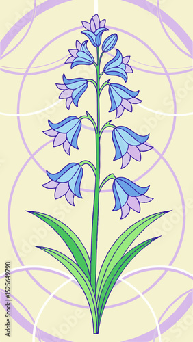 Beautiful illustration of a bluebell flower with leaves against an abstract backdrop.