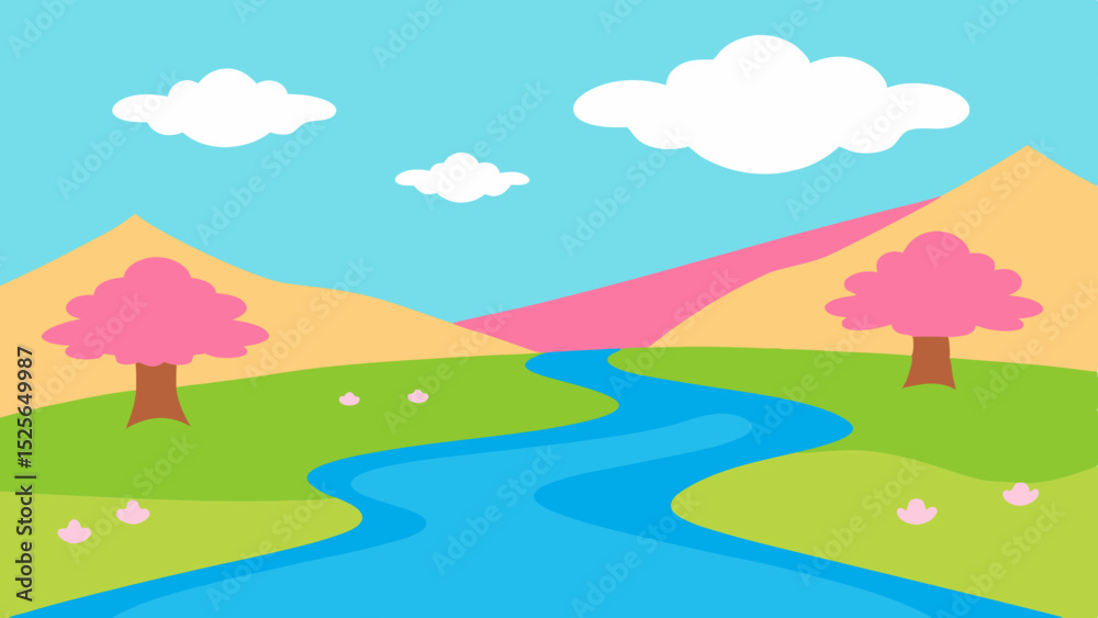 Fototapeta premium Cartoon landscape with river trees and clouds in a bright and colorful scenic view