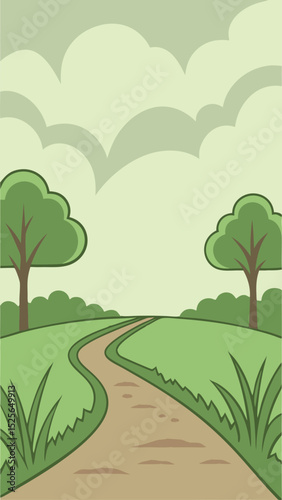 Cartoon illustration of a winding path leading through a green field landscape