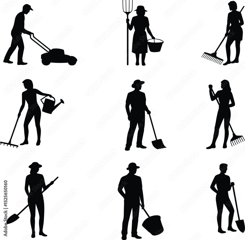 Obraz premium Farmer and Gardener Silhouettes: Agriculture, Farming, and Garden Work in Action