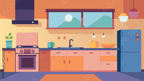 Colorful flat illustration of a modern kitchen interior with transparent elements