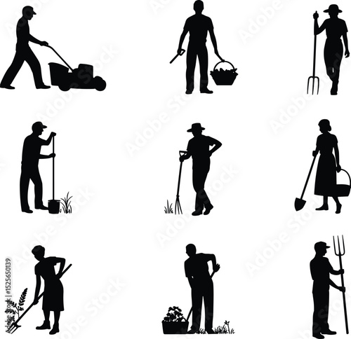 Farmer and Gardener Silhouettes: Agriculture, Farming, and Garden Work in Action