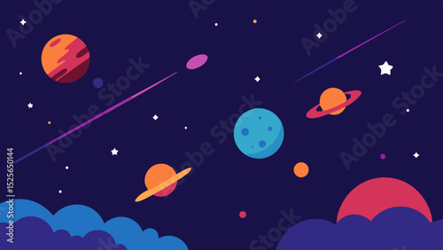 Colorful night cosmos scene with planets stars and nebula light trails in space