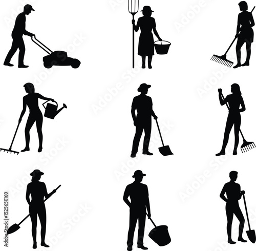 Farmer and Gardener Silhouettes: Agriculture, Farming, and Garden Work in Action