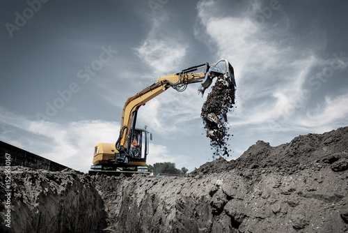An excavator is digging on a construction site with cloudy blue sky.