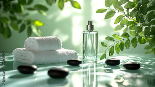 Beautiful green spa setting enhanced by natural lighting and shadows