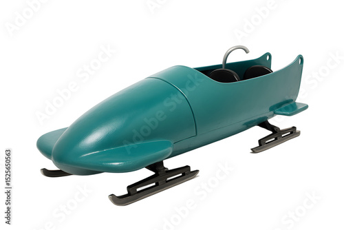 A teal-colored two-man bobsleigh viewed from a top-down perspective, highlighting its narrow cockpit and polished finish