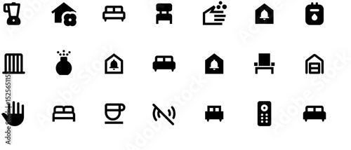 Black vector icon set on white background featuring home and real estate symbols including houses, furniture, cars, phones, and a helping hand.