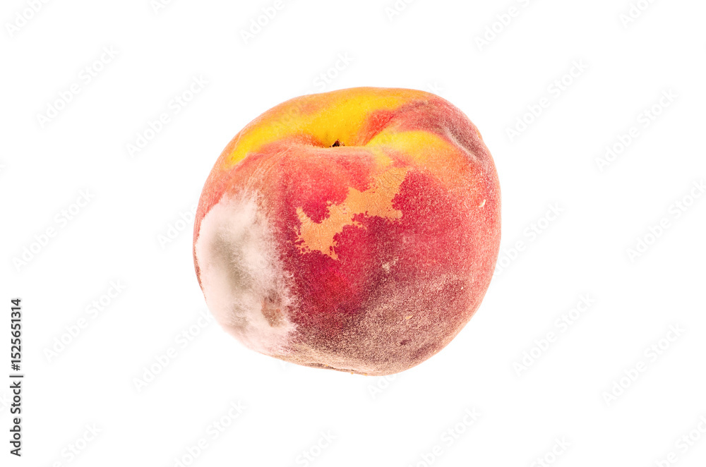 Fototapeta premium Moldy peach with visible decay on white background