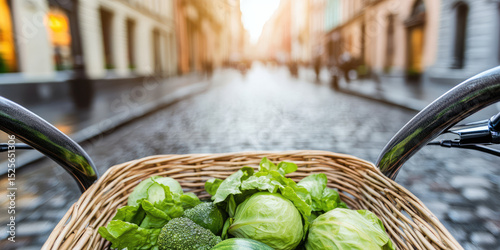 Bicycle handlebars frame a wicker basket filled with fresh green vegetables on a cobblestone street. Urban commuting and fresh produce