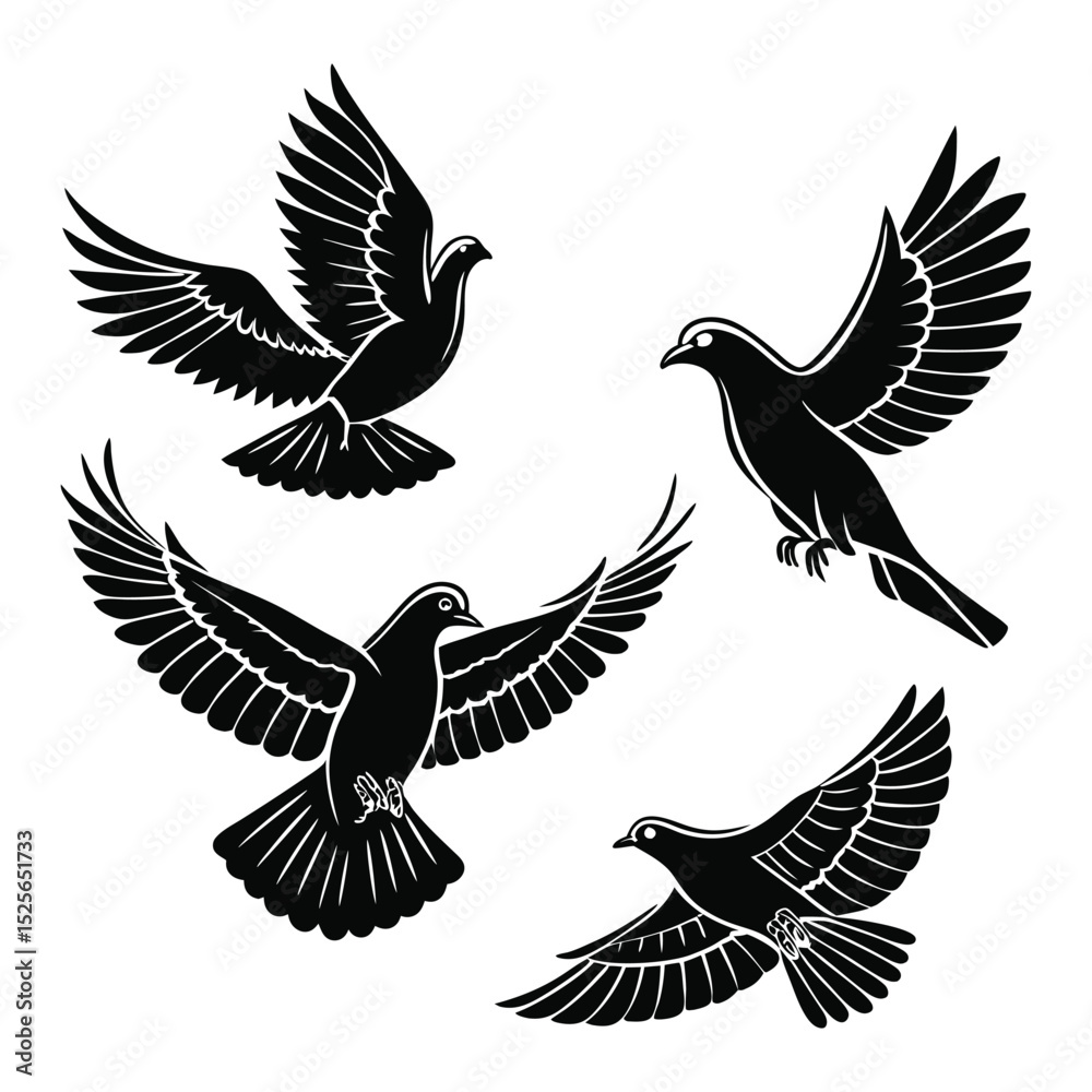 Naklejka premium Four Black Silhouette Doves in Flight on a White Background
