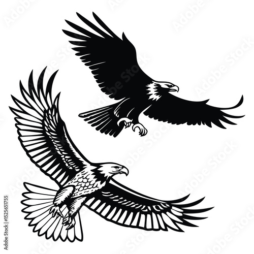 Two Eagles in Flight Black and White Vector Graphic Illustration