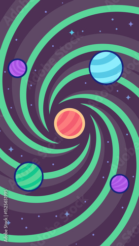 Colorful planets and swirls illustration with a cosmic and galactic design