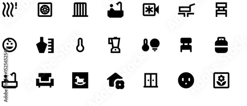 Black and white home comfort icons: heat pump, AC, lamp, sofa, TV stand, cabinet, toilet, window, faucet, bed, switch, smart controls. Flat vector.