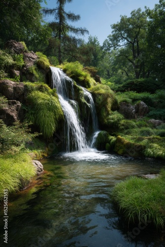 A serene landscape scene featuring a waterfall cascading into a stream with surrounding greenery and a rocky terrain.