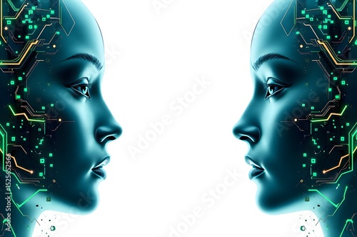 Futuristic AI Human Portraits with Digital Neural Network and Cybernetic Elements – High-Resolution Abstract Tech Art for Innovation and Technology Concepts.