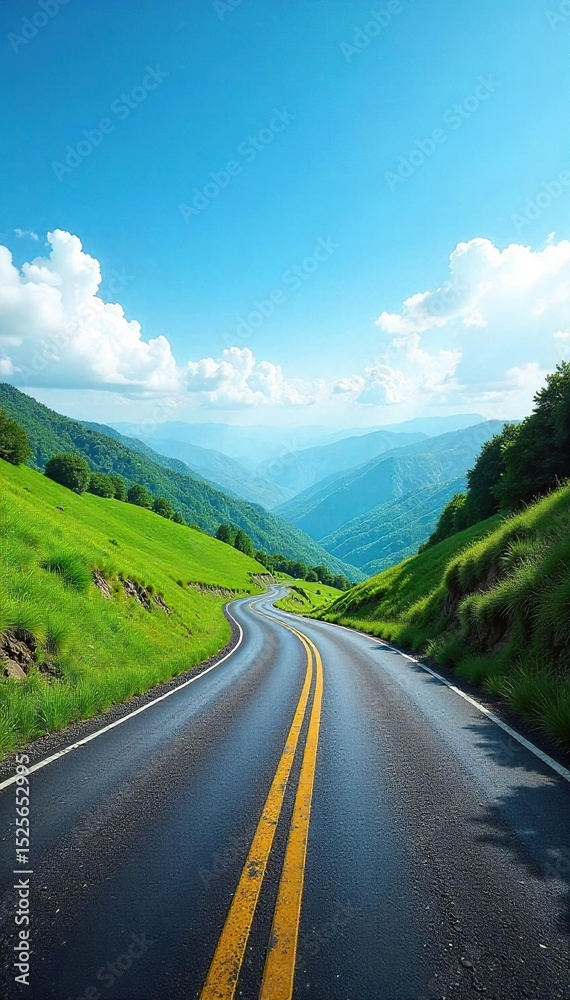 Fototapeta premium A winding asphalt road stretches into the distance, disappearing around a bend amidst lush green hills and a vibrant blue sky Perfect for travel, adventure, and journey concepts , vastness, mountains
