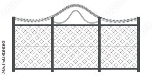 Metal fence with barbed wire. Rabitz grid isolated on white background. Secured territory. Protected area or prison fencing. Vector stock