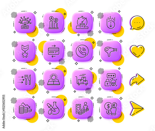Delivery cart, Scroll down and Money profit line icons. App 3d buttons. Social media comment, share, like icons. Pack of Sun energy, Food delivery, Online voting icon. Vector