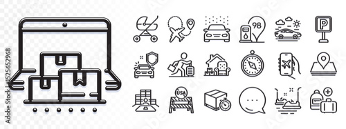 Delivery timer, Car wash and Car travel line icons for web app. Glare of light effect. Message icon. Pack of Online storage, Inventory, Parking pictogram icons. Vector