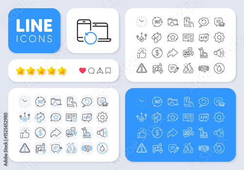 Loud sound, Map and 360 degree line icons for web app. Message, Share, Like social media icons. Pack of Dollar money, No waterproof, Recovery data pictogram icons. Vector