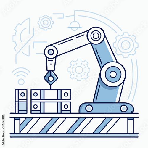 Robotic arm working on assembly line with stacked boxes in factory  