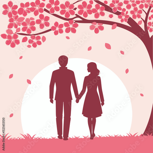 Couple holding hands under cherry blossom tree in springtime  