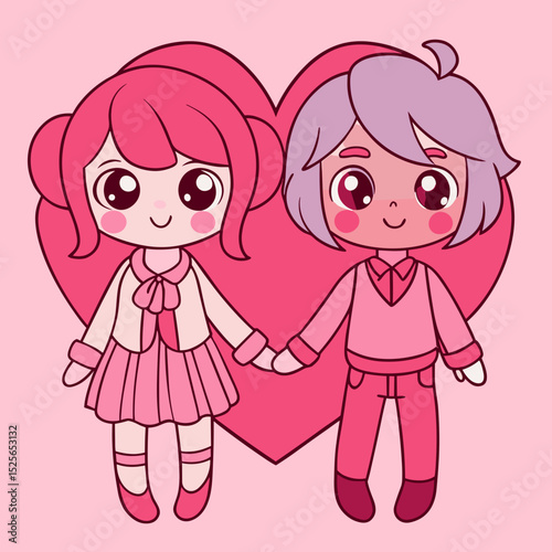 Cute cartoon couple holding hands with heart background in pink hues  