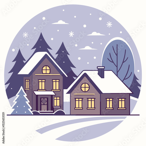 Cozy winter village with snowy houses and evergreen trees  