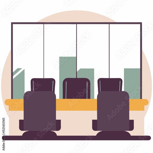 Modern conference room with chairs and glass walls overlooking city  