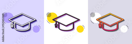 Graduation cap line icon. Halftone dotted pattern. Gradient icon with grain shadow. Education sign. Student hat symbol. Line graduation cap icon. Various designs. Vector