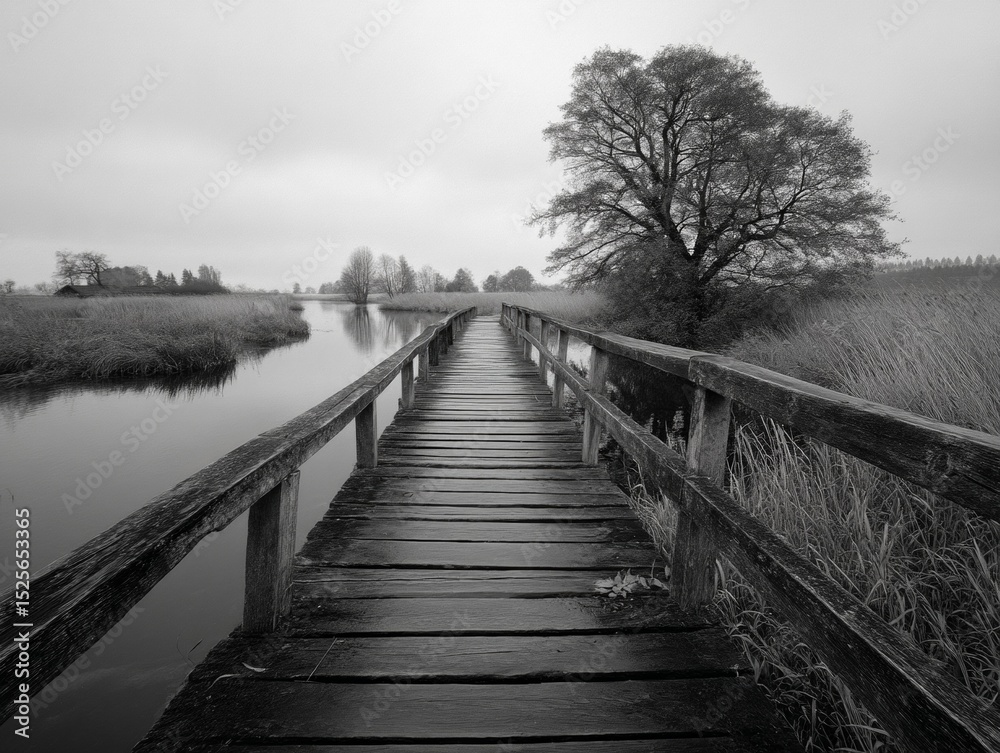 Naklejka premium An empty bridge crossing a calm river, under an overcast sky.