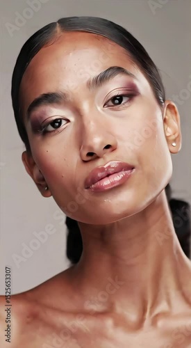 Elegance and Radiance: Portrait of a poised model with stunning makeup, radiating confidence and beauty, showcasing flawless skin and captivating features.
