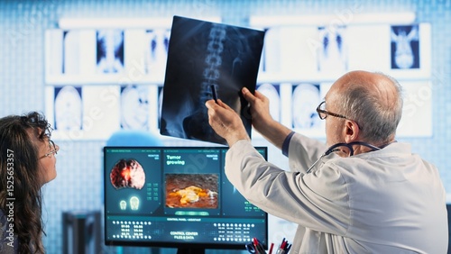 Photography Skilled radiologist uses medical imaging technology to assess cancer risk factors, guiding old female patient through early detection and treatment options