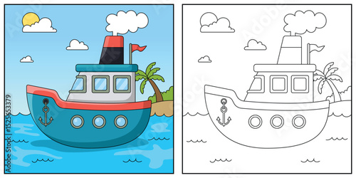 Boat Vehicle Coloring Page Colored Illustration.