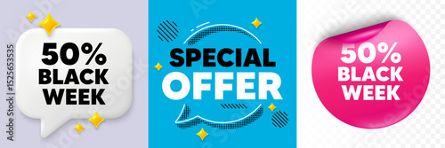 Black week speech bubble. 3d sparkles chat, Paper sticker. Black week 50 percent sale. Special discount sign. Black friday offer symbol. Special offer bubble. Halftone dots pattern. Vector
