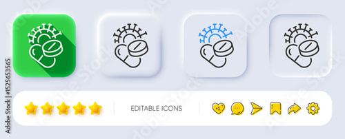 Coronavirus pills line icon. Neumorphic, Flat shadow, 3d buttons. Covid-19 virus vaccine sign. Corona virus symbol. Line coronavirus pills icon. Social media icons. Vector