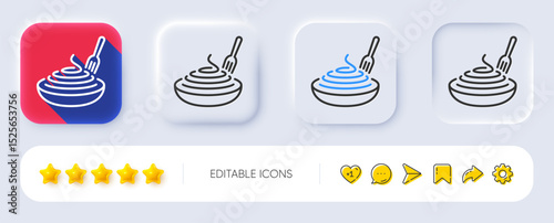 Pasta dish line icon. Neumorphic, Flat shadow, 3d buttons. Plate with macaroni sign. Food bowl with fork symbol. Line pasta dish icon. Social media icons. Vector