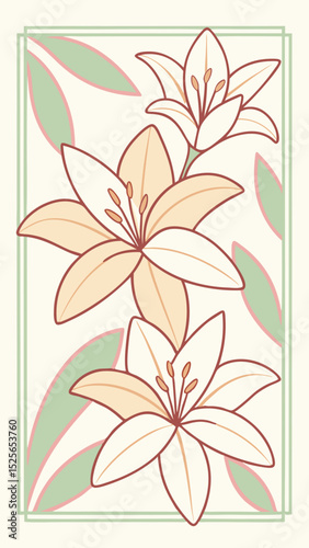 Elegant lily flower illustration in soft colors with floral decorative frame and leaves
