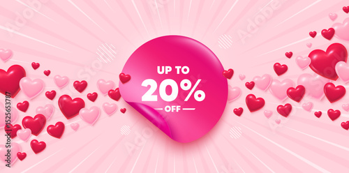 Discount tag sticker love banner. Sunburst ray background. Up to 20 percent off sale. Discount offer price sign. Special offer symbol. Save 20 percentages. Valentines day greeting card. Vector