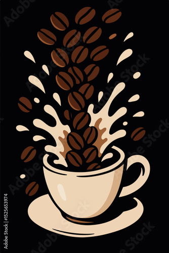 Coffee beans falling into a cup, surrounded by white splashes.