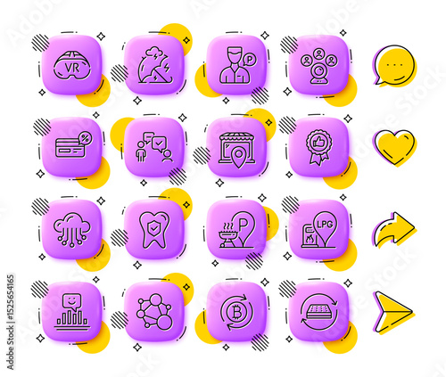 Grill place, Integrity and Valet servant line icons. App 3d buttons. Social media comment, share, like icons. Pack of Cloud storage, Market location, Video conference icon. Vector