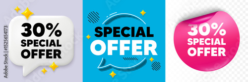 Discount speech bubble. 3d sparkles chat, Paper sticker. 30 percent discount offer tag. Sale price promo sign. Special offer symbol. Special offer bubble. Halftone dots pattern. Vector